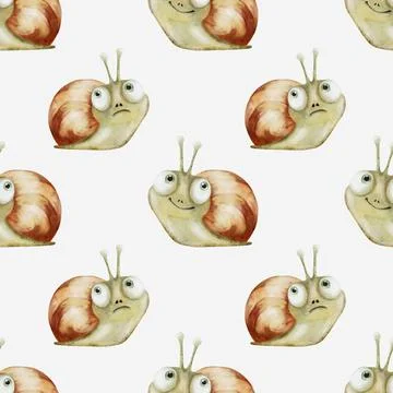 Snail pattern design featuring watercolor illustrations on a seamless white.. Stock Illustration