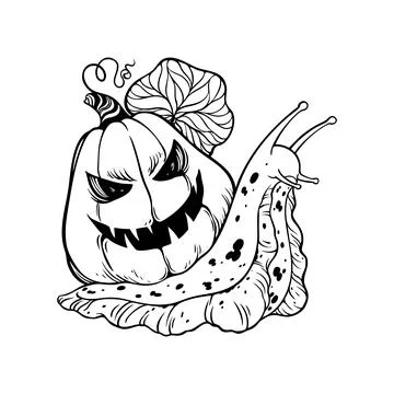 Snail with pumpkin shell and leaf  Halloween line art イラスト素材
