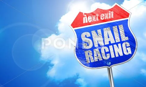 Snail racing, 3D rendering, blue street sign Stock Illustration