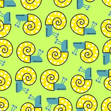 Snail seamless pattern. Vector background with clam shells. Cheerful children Stock Illustration