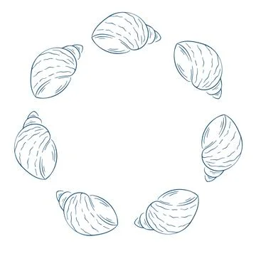 Snail shell circle wreath border in line art style. Ocean and marine theme Stock Illustration