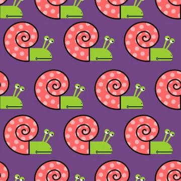 Snail shell with pink on purple background seamless texture. Cute vector patt Stock Illustration