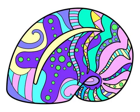 Snail shell - vector linear full color zentangle illustration - with sea animal Stock Illustration