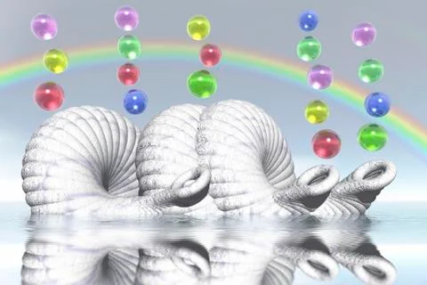 Snail shells and colorful bubbles, 3d computer graphics Stock Illustration