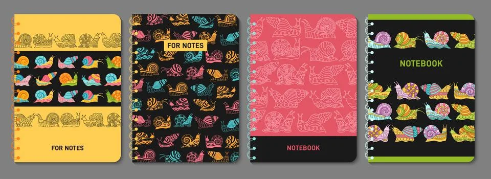 Snail trendy child notebook notepad cover set mollusk doodle ornament design Stock Illustration