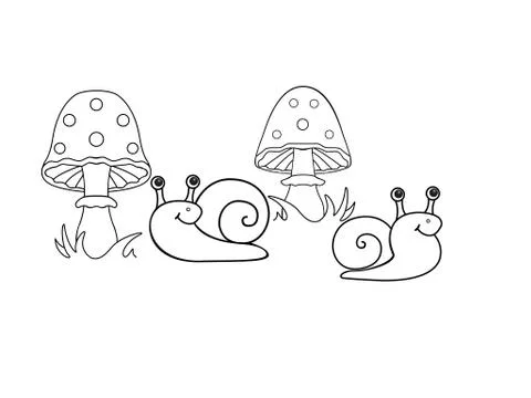 Snails and fly agarics. Funny snails under mushrooms. Stock Illustration