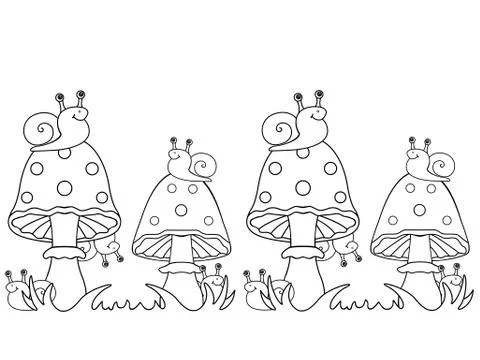 Snails and fly agarics. Snails sit on mushrooms and hide behind them. Stock Illustration