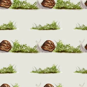 Snails exploring lush greenery in a serene autumn landscape watercolor patt.. Stock Illustration