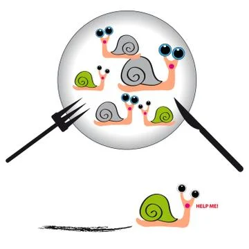 Snails on plate on white background Stock Illustration