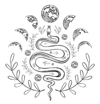 Snake and magic Symbols vector illustration. Drawing of serpent and esoteric Illustrazione stock
