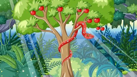 Snake on Apple Tree in Garden of Eden Stock Illustration