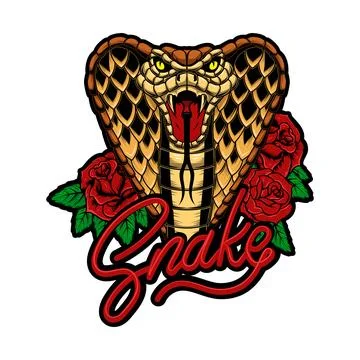 Snake on the background with roses. Design element for poster, t shirt, car.. Stock Illustration