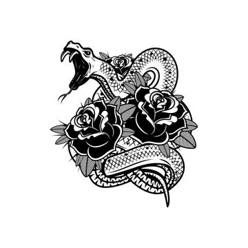 Snake on the background with roses. Design element for poster, t shirt, car.. Stock Illustration