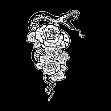 Snake on the background with roses. Design element for poster, t shirt, car.. Stock Illustration