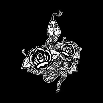 Snake on the background with roses. Design element for poster, t shirt, car.. Stock Illustration