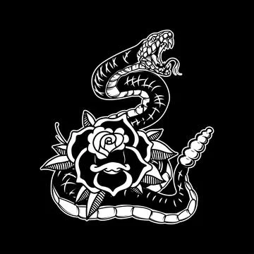 Snake on the background with roses. Design element for poster, t shirt, car.. Stock Illustration