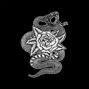 Snake on the background with roses. Design element for poster, t shirt, car.. Stock Illustration