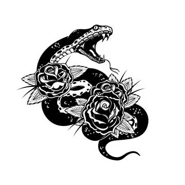 Snake on the background with roses. Design element for poster, t shirt, car.. Stock Illustration