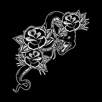 Snake on the background with roses. Design element for poster, t shirt, car.. Stock Illustration