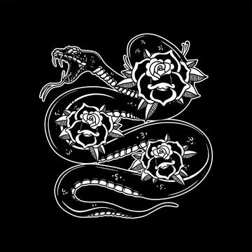 Snake on the background with roses. Design element for poster, t shirt, car.. Stock Illustration