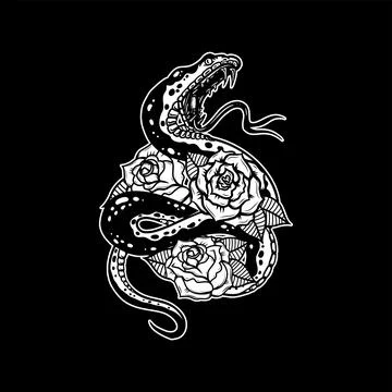 Snake on the background with roses. Design element for poster, t shirt, car.. Stock Illustration