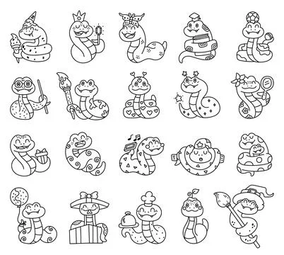 Snake character set in outline line art Stock Illustration