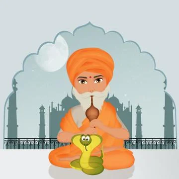 Snake Charmer with flute Stock Illustration