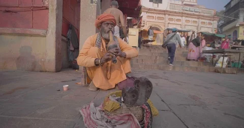 Snake charmer playing flute to charm snakes and begging money Varanasi Stock Footage 125229820