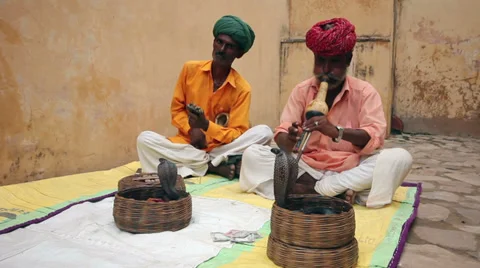 Snake charmer playing flute with snake in Jaipur, India Stockbeeldmateriaal 33531239