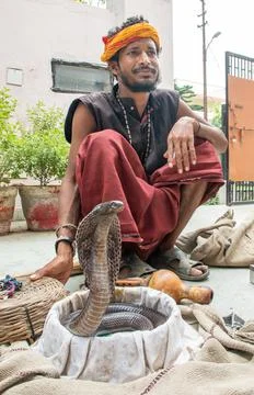 Snake Charmer sitting on the ground with Black Cobra in his wooden basket. Foto stock