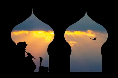 Snake charmer at sunset Stock Illustration