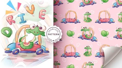 Snake drive the car - seamless pattern Stockillustratie