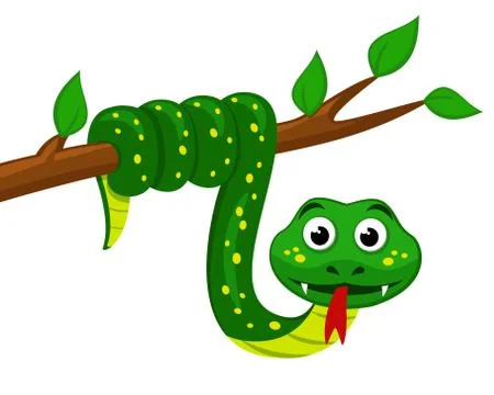 Snake hangs on a tree and shows its tongue. Viper on a white background. Illustrazione stock