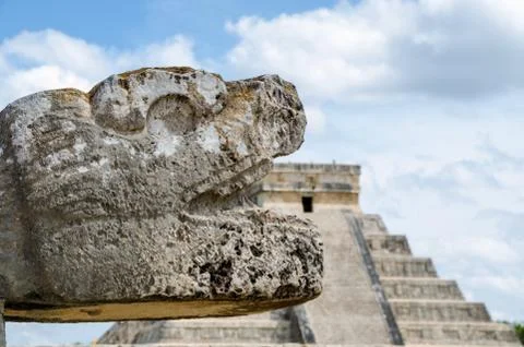 Snake head at Chichen Itza, Wonder of the World Stock Photos