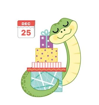 Snake is hugging stack of gift boxes. 25 december. Christmas. Cartoon, vector Stock Illustration