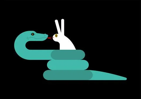 Snake hypnotizes rabbit. Snake wrapped around hare Stock Illustration
