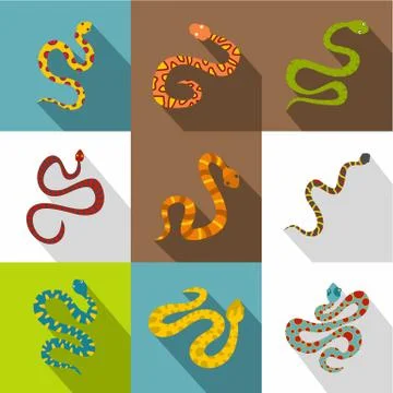 Snake icons set, flat style Stock Illustration