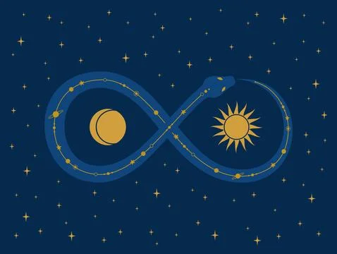 A snake making an infinity sign around the sun and moon Stock Illustration