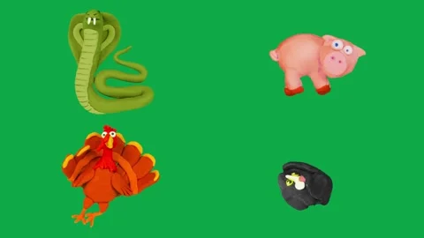 Snake Pig Turkey Cat animation on green screen 3d clay model perfect Stockbeeldmateriaal 334703723
