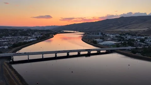 Snake River Bridge Aerial Sunset Lewiston Clarkston Idaho Washington Summer Stock Footage 335481072