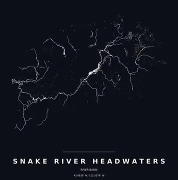 Snake River Headwaters Basin Watershed Map Line Art Dark Poster Stock Illustration