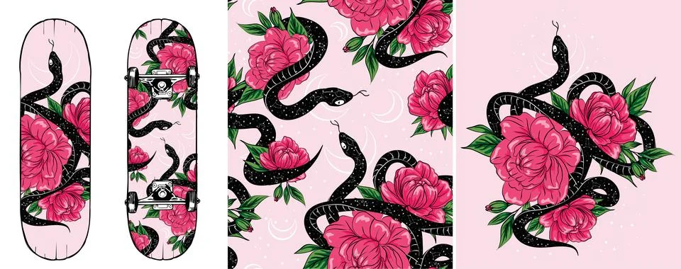 Snake with rose flower set of retro western boho illustrations, shirt fashion Stock Illustration