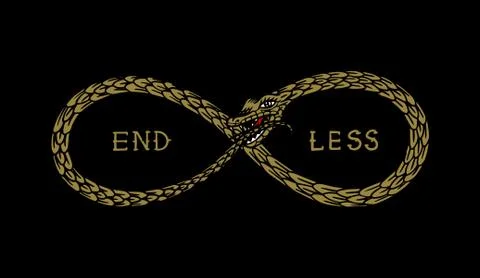 Snake in the shape of infinity in vintage style. Playing cubes. End less means イラスト素材