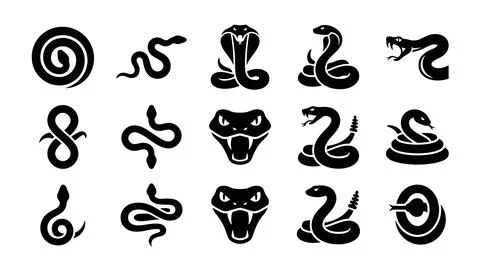 Snake silhouettes in various poses and styles for graphic design and symbols. Stock Illustration