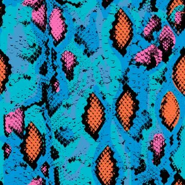 Snake skin texture. Seamless pattern pink blue orange black background. Vector 스톡 일러스트
