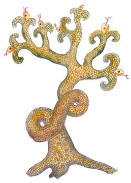 Snake tree with snake heads instead of branches, graphic drawing a white back Illustration