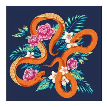 Snake vector with flower design illustration. bright snake vector and cherry  Stock Illustration