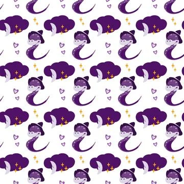 Snake in witch hat and crescent with cloud, stars and hearts Cute magic 스톡 일러스트