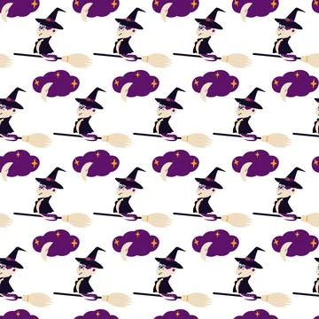 Snake in Witch hat flying on Broom and Crescent moon on Cloud with Decorative Stock Illustration