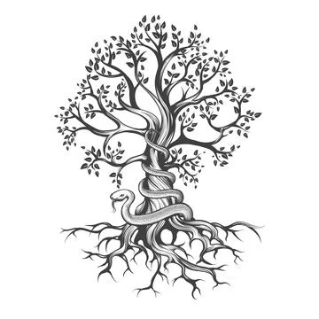 Snake Wraps Around a Tree Esoteric Tattoo Stock Illustration